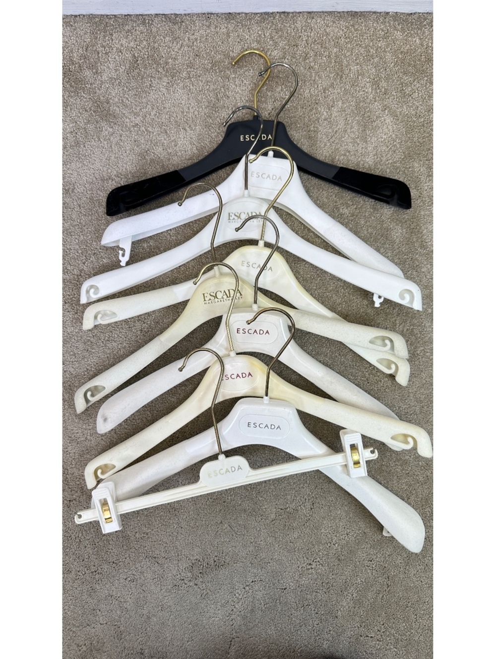Nine Vintage Escada Designer Clothes Hangers Black White Plastic Display